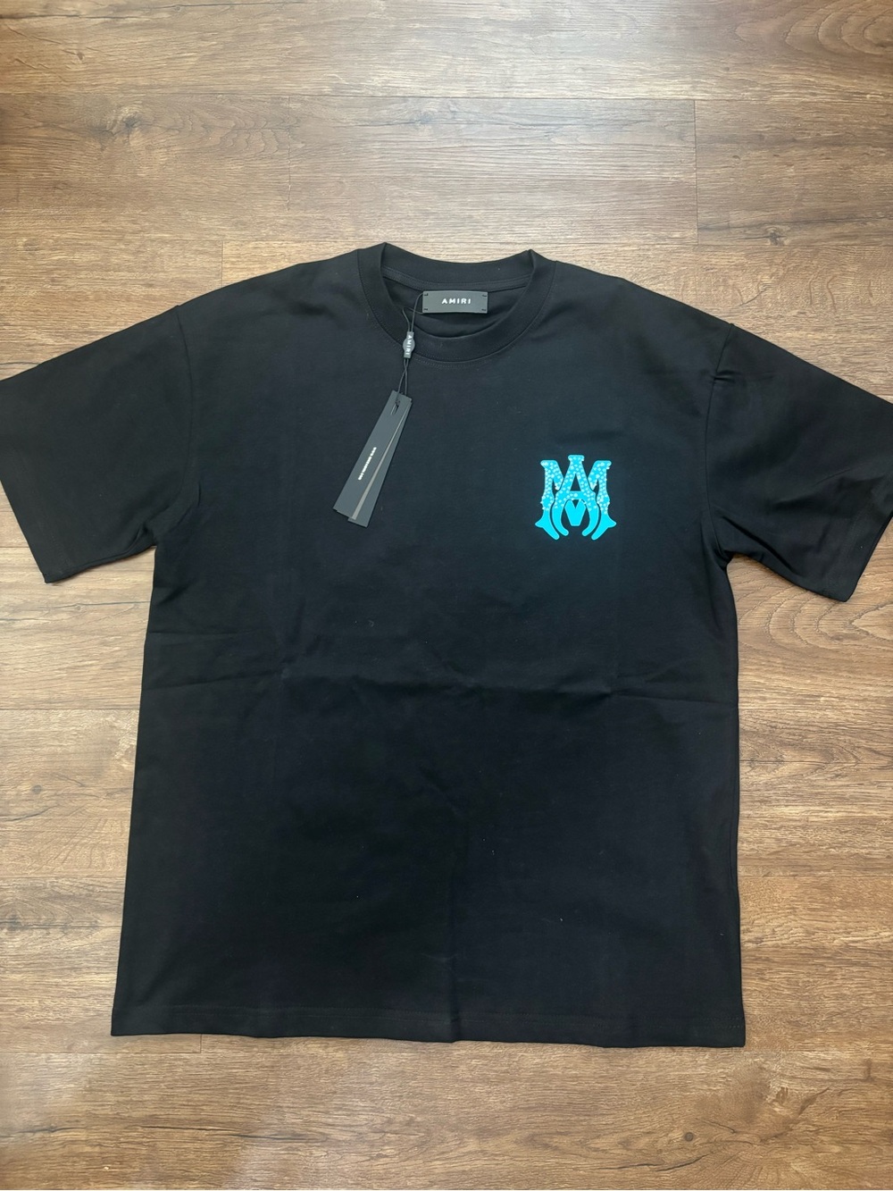AMIRI Black Short-Sleeve Tee with Teal Chest Emblem